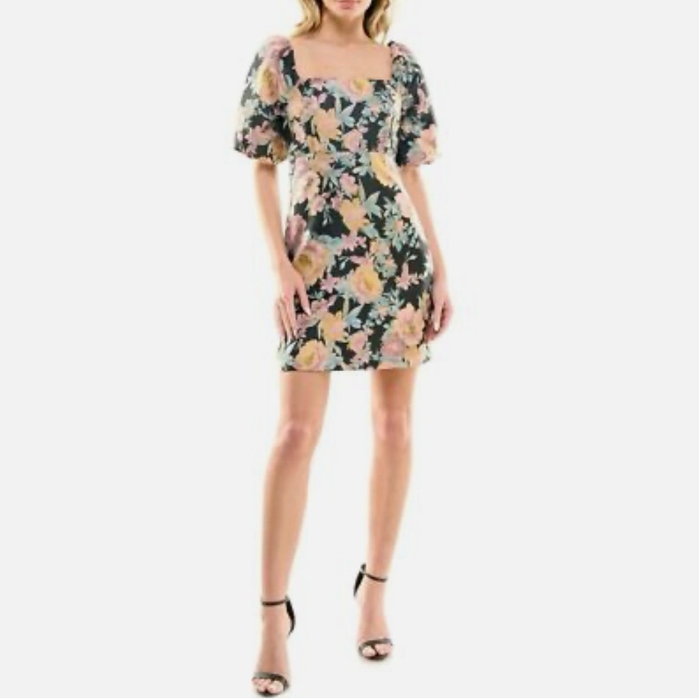 NWT- Socialite- black floral puffed sleeve dress- size M